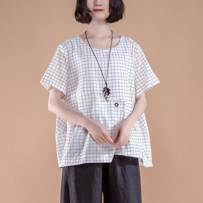 Stylish Cotton Summer Top Clothing Short Sleeve Plaid Summer White Tops