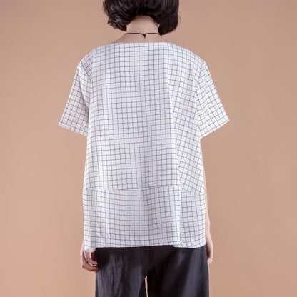 Stylish Cotton Summer Top Clothing Short Sleeve Plaid Summer White Tops