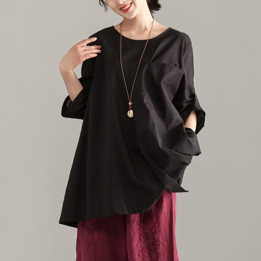 Stylish Cotton Summer Toploose Fitting Short Sleeve Black Pocket Long Tops
