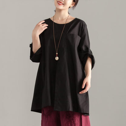 Stylish Cotton Summer Toploose Fitting Short Sleeve Black Pocket Long Tops