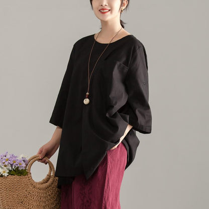 Stylish Cotton Summer Toploose Fitting Short Sleeve Black Pocket Long Tops