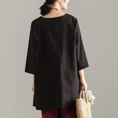 Stylish Cotton Summer Toploose Fitting Short Sleeve Black Pocket Long Tops