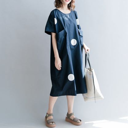Stylish Dark Blue Dotted Natural Cotton Dress Holiday Dresses Short Sleeve O Neck Baggy Dresses