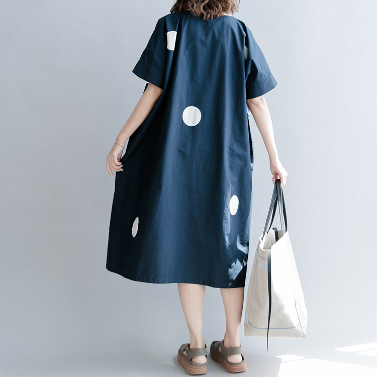 Stylish Dark Blue Dotted Natural Cotton Dress Holiday Dresses Short Sleeve O Neck Baggy Dresses