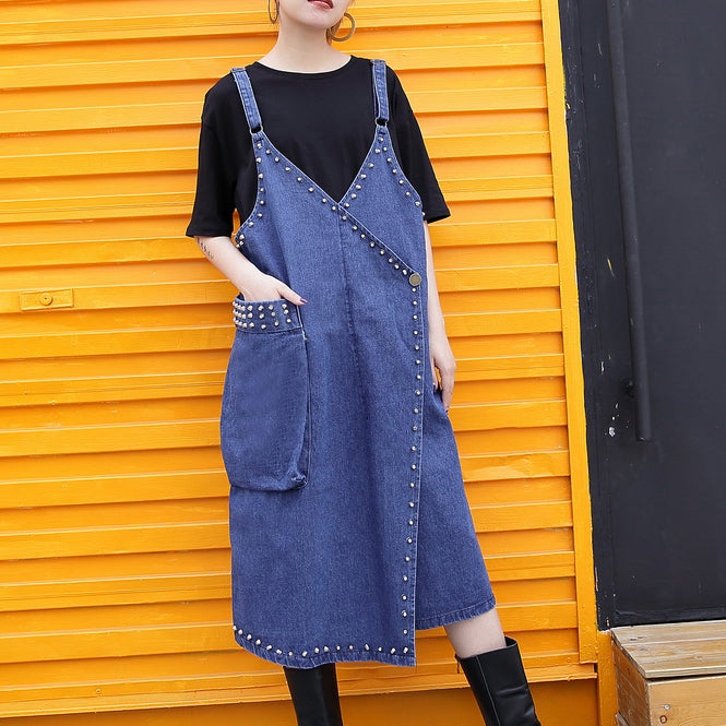 Stylish Denim Blue Midi-length Cotton Dress Loose Fitting Cotton Maxi Dress Fine Rivet Decorated Sleeveless Knee Dresses