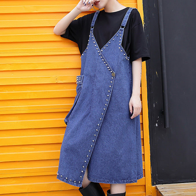 Stylish Denim Blue Midi-length Cotton Dress Loose Fitting Cotton Maxi Dress Fine Rivet Decorated Sleeveless Knee Dresses