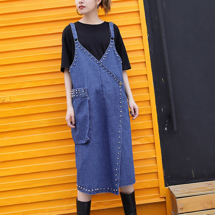 Stylish Denim Blue Midi-length Cotton Dress Loose Fitting Cotton Maxi Dress Fine Rivet Decorated Sleeveless Knee Dresses