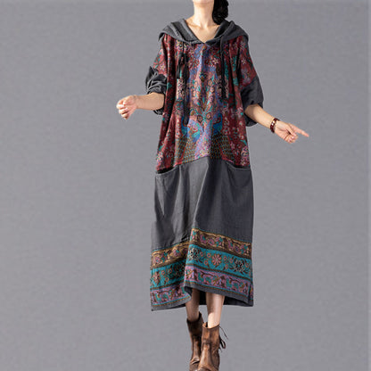 Stylish Gray Print Oversize Hooded Baggy Maxi Dress Fine Patchwork Cotton Dresses