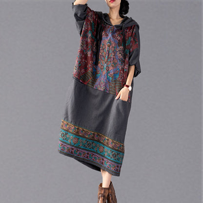 Stylish Gray Print Oversize Hooded Baggy Maxi Dress Fine Patchwork Cotton Dresses