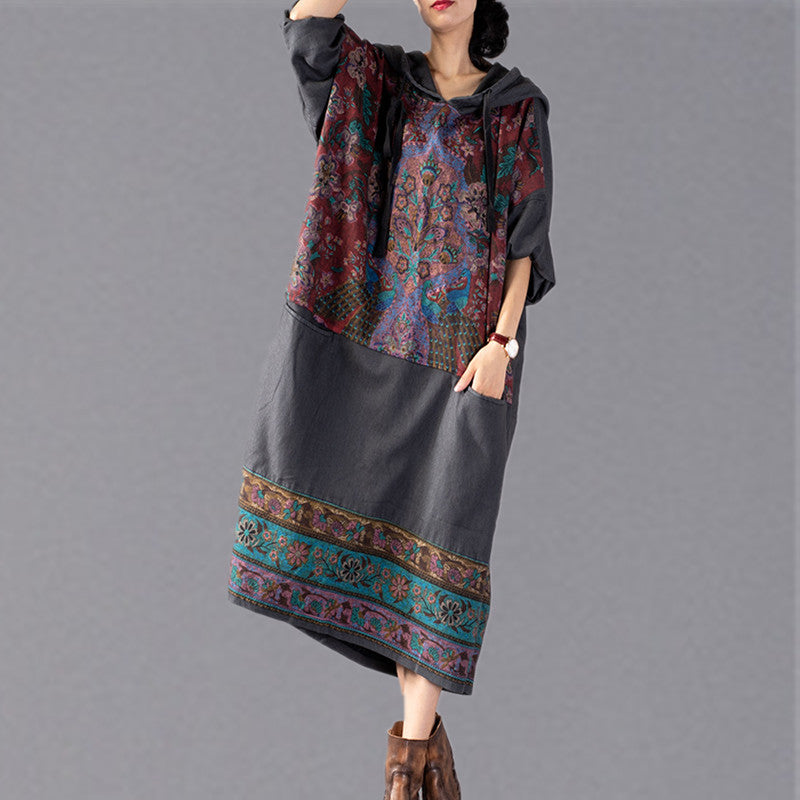 Stylish Gray Print Oversize Hooded Baggy Maxi Dress Fine Patchwork Cotton Dresses