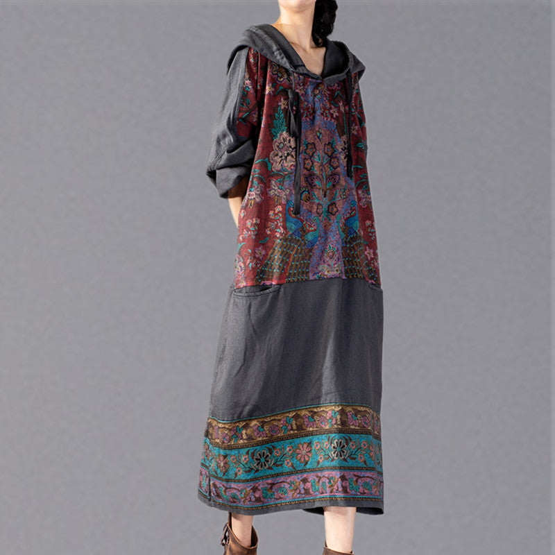 Stylish Gray Print Oversize Hooded Baggy Maxi Dress Fine Patchwork Cotton Dresses