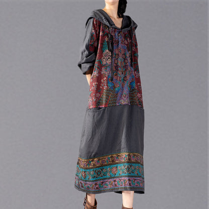Stylish Gray Print Oversize Hooded Baggy Maxi Dress Fine Patchwork Cotton Dresses