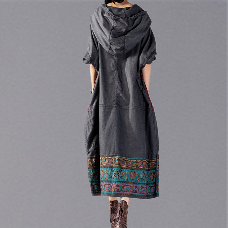 Stylish Gray Print Oversize Hooded Baggy Maxi Dress Fine Patchwork Cotton Dresses
