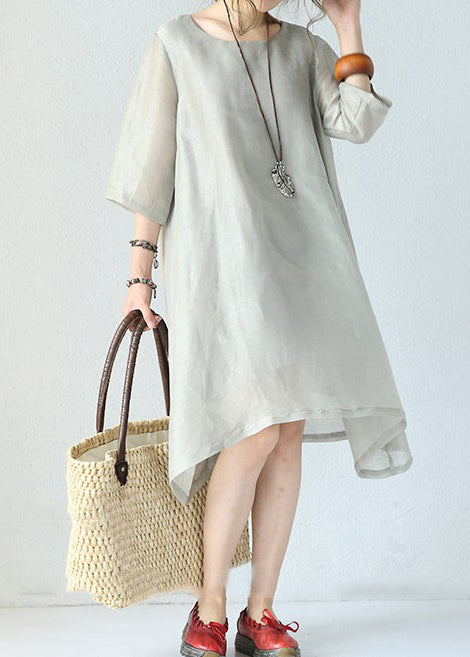 Stylish Gray Pure Silk Dresses Plus Silk Clothing Dresses O Neck Half Sleeve Midi Dress