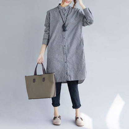 Stylish Gray Striped Cotton Linen Shirt Dress Shirt Dress Boutique Long Sleeve Pockets Turn-down Collar Patchwork Natural Cotton Linen Shirt Dress