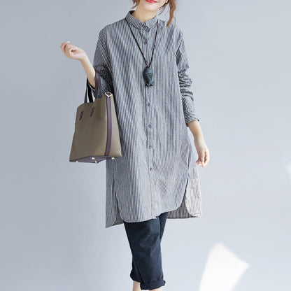 Stylish Gray Striped Cotton Linen Shirt Dress Shirt Dress Boutique Long Sleeve Pockets Turn-down Collar Patchwork Natural Cotton Linen Shirt Dress