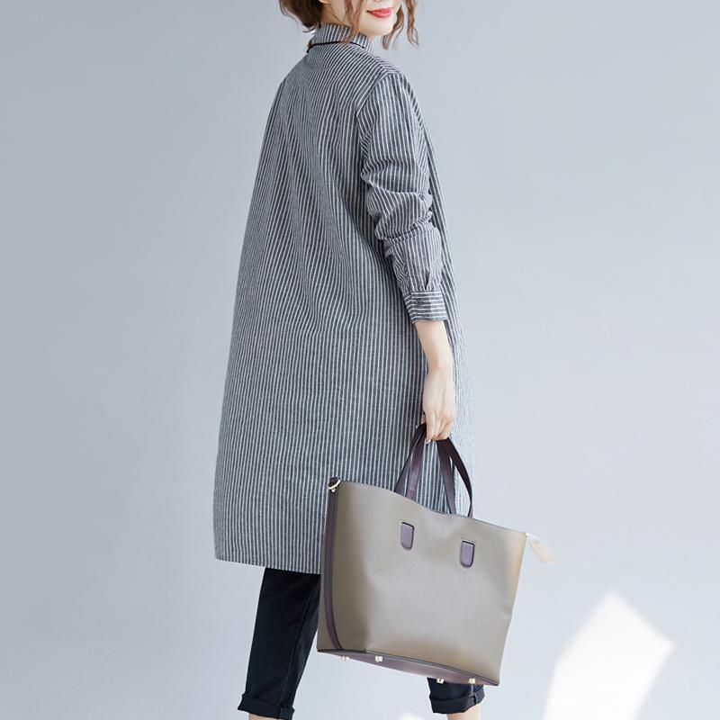 Stylish Gray Striped Cotton Linen Shirt Dress Shirt Dress Boutique Long Sleeve Pockets Turn-down Collar Patchwork Natural Cotton Linen Shirt Dress