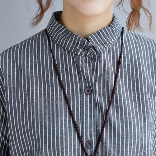 Stylish Gray Striped Cotton Linen Shirt Dress Shirt Dress Boutique Long Sleeve Pockets Turn-down Collar Patchwork Natural Cotton Linen Shirt Dress