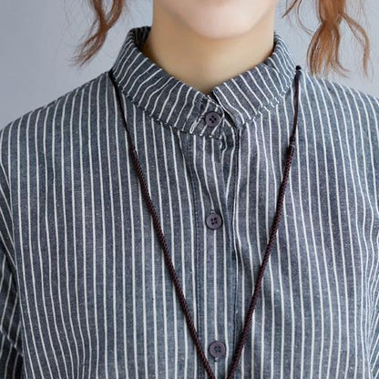 Stylish Gray Striped Cotton Linen Shirt Dress Shirt Dress Boutique Long Sleeve Pockets Turn-down Collar Patchwork Natural Cotton Linen Shirt Dress