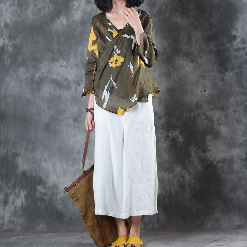 Stylish Green Print Linen Tops Oversize Traveling Blouse Fine Half Sleeve V Neck Tie Waist Linen Blouses