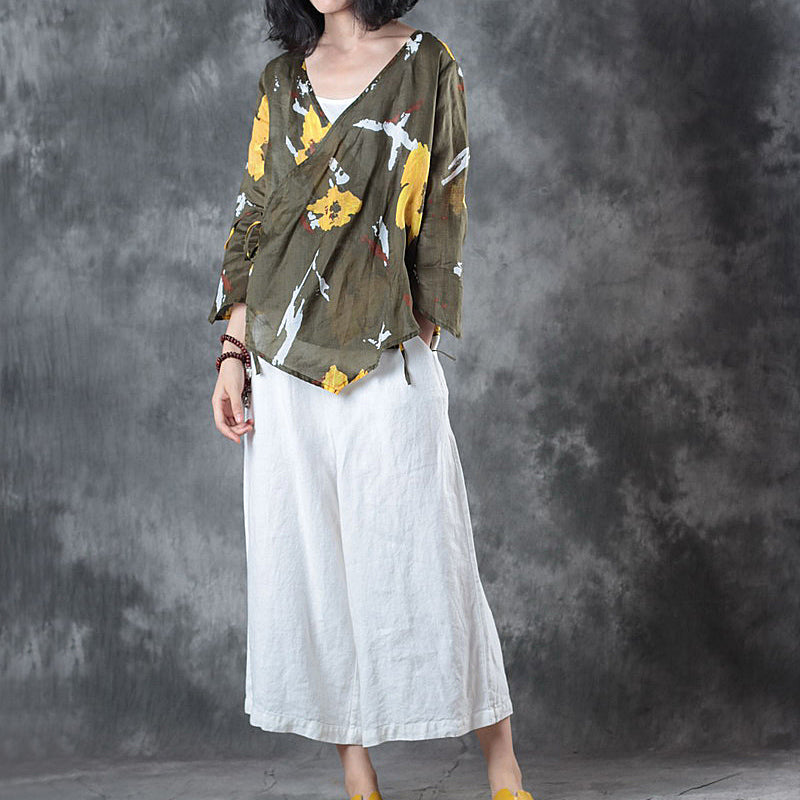 Stylish Green Print Linen Tops Oversize Traveling Blouse Fine Half Sleeve V Neck Tie Waist Linen Blouses