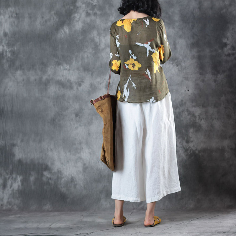 Stylish Green Print Linen Tops Oversize Traveling Blouse Fine Half Sleeve V Neck Tie Waist Linen Blouses