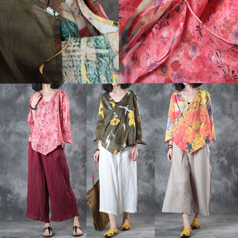 Stylish Green Print Linen Tops Oversize Traveling Blouse Fine Half Sleeve V Neck Tie Waist Linen Blouses