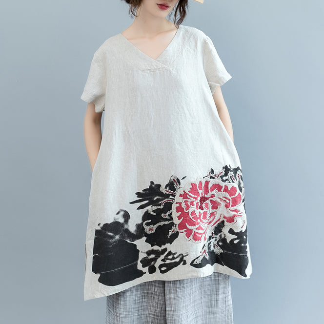 Stylish Khaki Print Linen Dress Clothing V Neck Caftans Batwing Sleeve Dresses