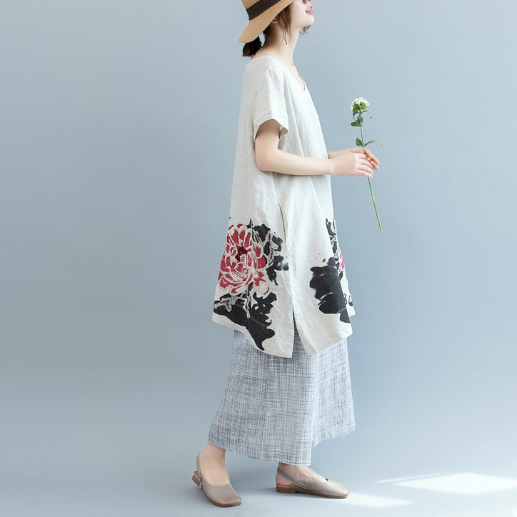 Stylish Khaki Print Linen Dress Clothing V Neck Caftans Batwing Sleeve Dresses