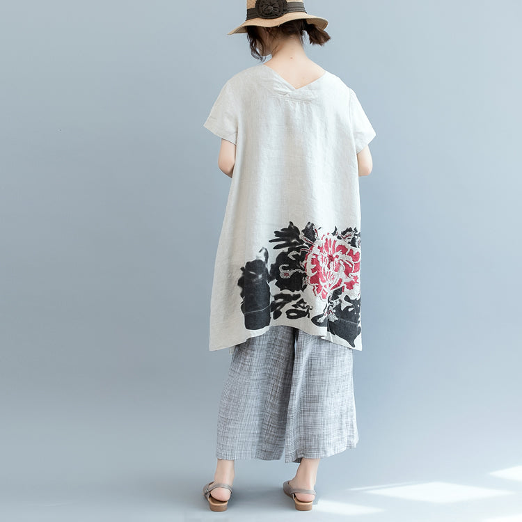 Stylish Khaki Print Linen Dress Clothing V Neck Caftans Batwing Sleeve Dresses