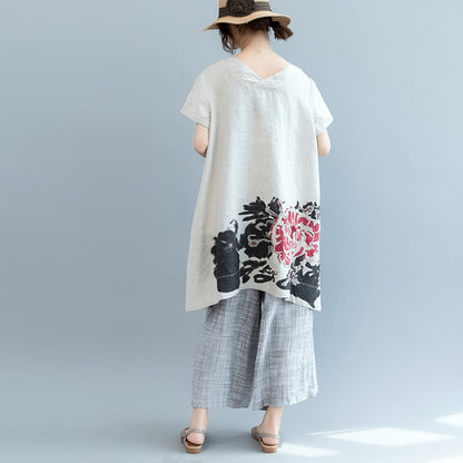 Stylish Khaki Print Linen Dress Clothing V Neck Caftans Batwing Sleeve Dresses