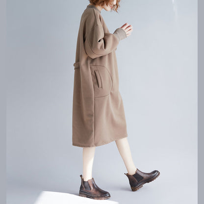 Stylish Khaki Spring Cotton Dress Omychic Warm Long Sleeve Thick Holiday Dresses O Neck Cotton Clothing Dresses