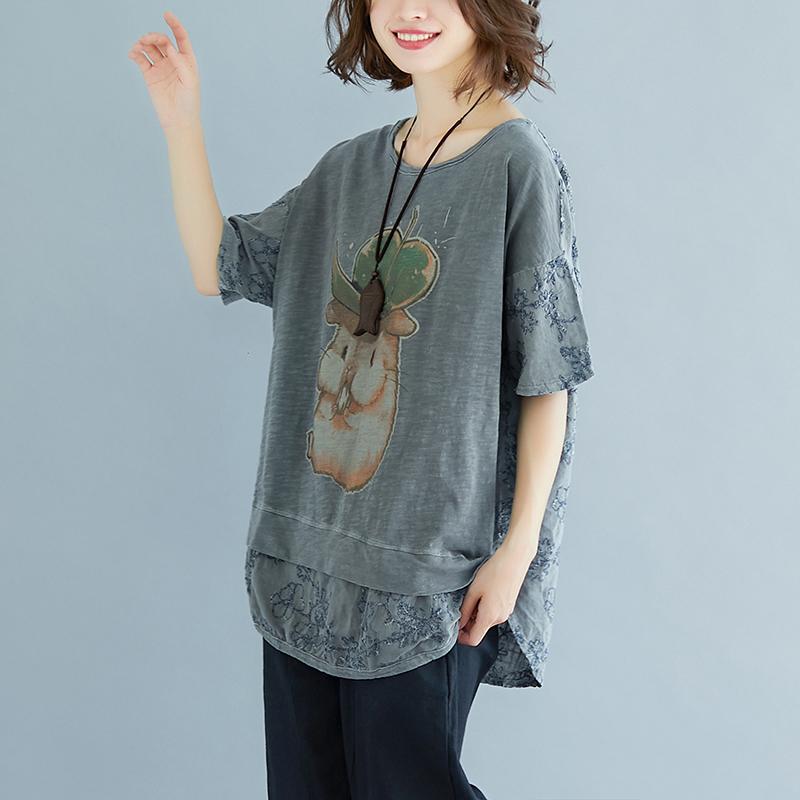 Stylish Linen Cotton Tops Clothing Summer Embroidery Short Sleeve Slit Blouse