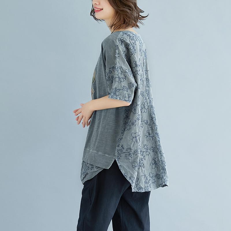 Stylish Linen Cotton Tops Clothing Summer Embroidery Short Sleeve Slit Blouse