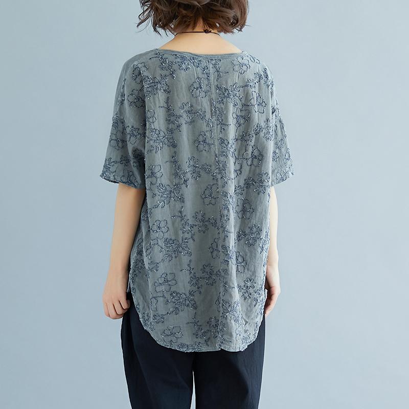 Stylish Linen Cotton Tops Clothing Summer Embroidery Short Sleeve Slit Blouse