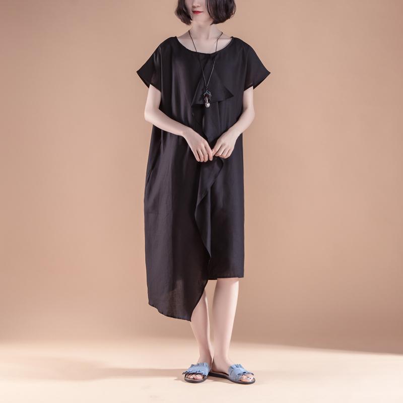 Stylish Linen Summer Dress Short Sleeve High-low Hem Summer Black Dress