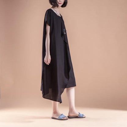 Stylish Linen Summer Dress Short Sleeve High-low Hem Summer Black Dress