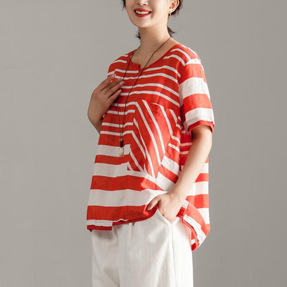Stylish Linen Tops Over Sized Red Stripe Short Sleeve Summer Tops