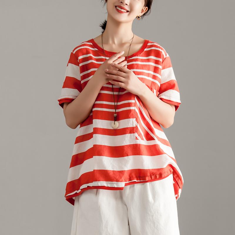 Stylish Linen Tops Over Sized Red Stripe Short Sleeve Summer Tops