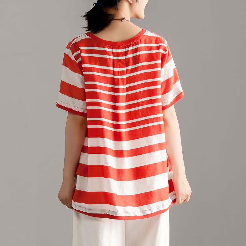 Stylish Linen Tops Over Sized Red Stripe Short Sleeve Summer Tops