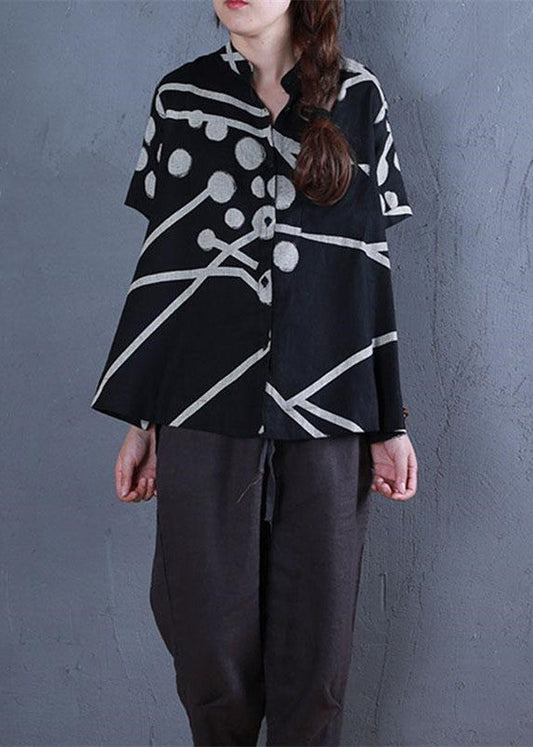 Stylish Linen Tops Oversize Stand Collar Printed Single Breasted Black Blouse