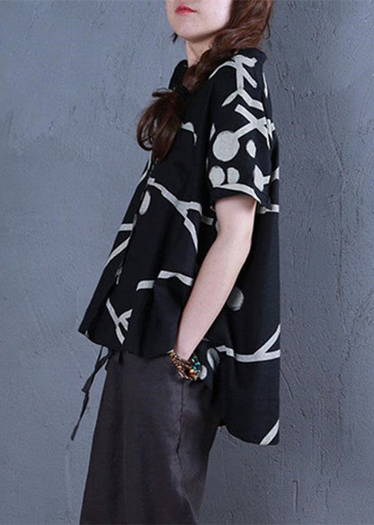 Stylish Linen Tops Oversize Stand Collar Printed Single Breasted Black Blouse