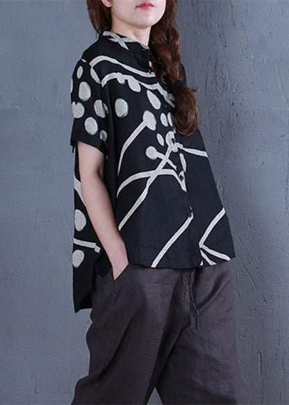 Stylish Linen Tops Oversize Stand Collar Printed Single Breasted Black Blouse