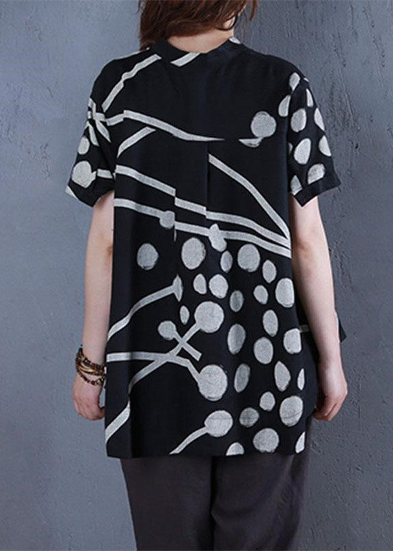 Stylish Linen Tops Oversize Stand Collar Printed Single Breasted Black Blouse