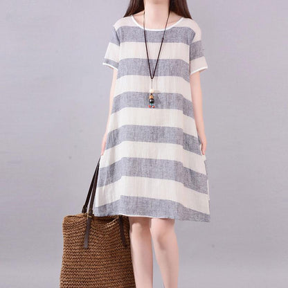 Stylish Long Linen Dresses Clothing Gray Stripe Short Sleeve Cotton Flax Dress