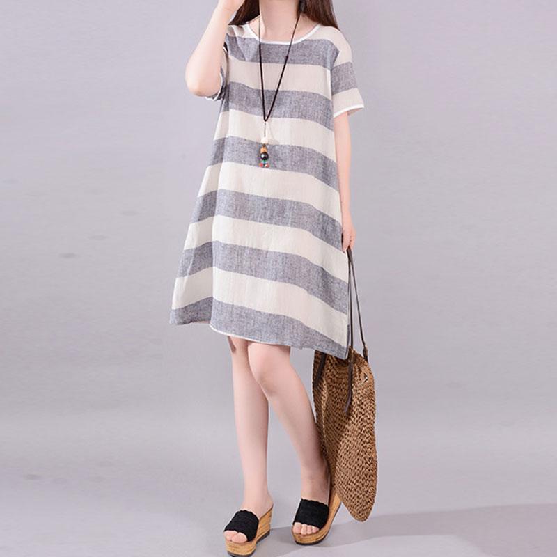 Stylish Long Linen Dresses Clothing Gray Stripe Short Sleeve Cotton Flax Dress