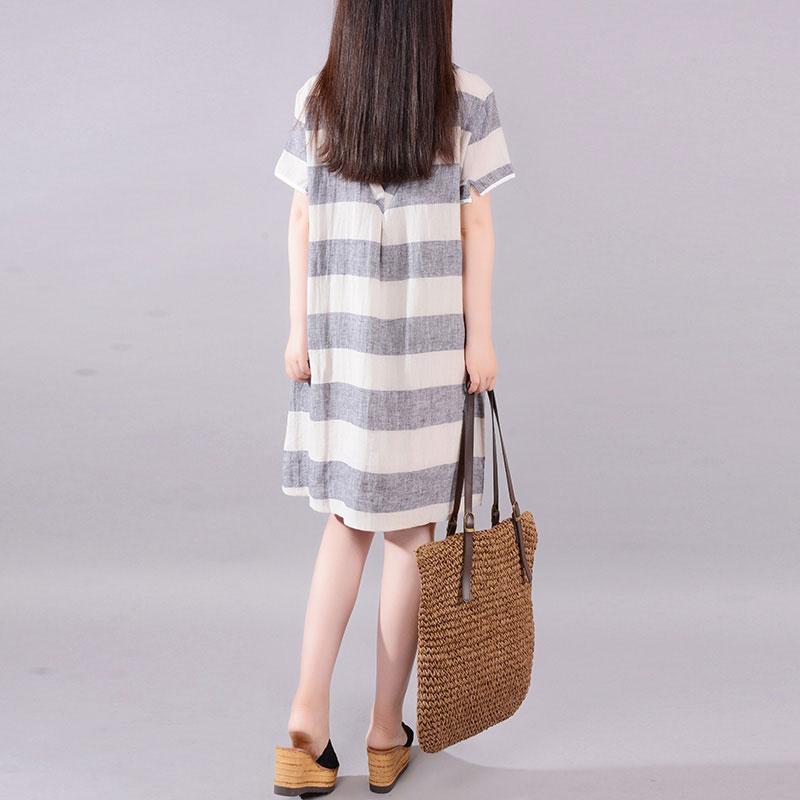 Stylish Long Linen Dresses Clothing Gray Stripe Short Sleeve Cotton Flax Dress