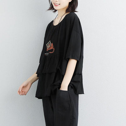 Stylish Natural Cotton T Shirt Loose Fitting Loose Cotton Round Neck Printed White Tops