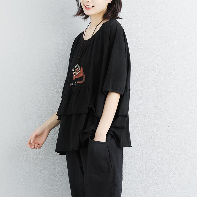 Stylish Natural Cotton T Shirt Loose Fitting Loose Cotton Round Neck Printed White Tops