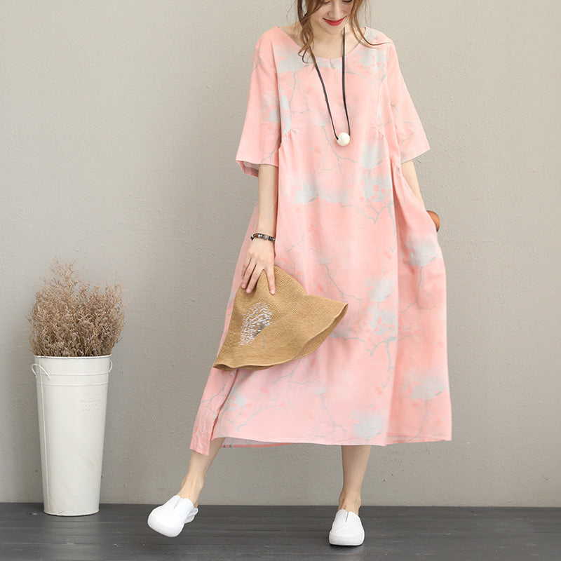 Stylish Pink Prints Long Linen Dresses Oversize O Neck Linen Clothing Dresses Half Sleeve Kaftans